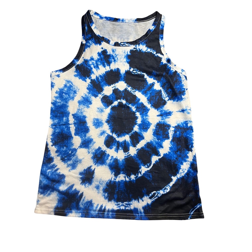Blue White Tie Dye Spiral Sleeveless Tank Top Small Summer Festival Casual